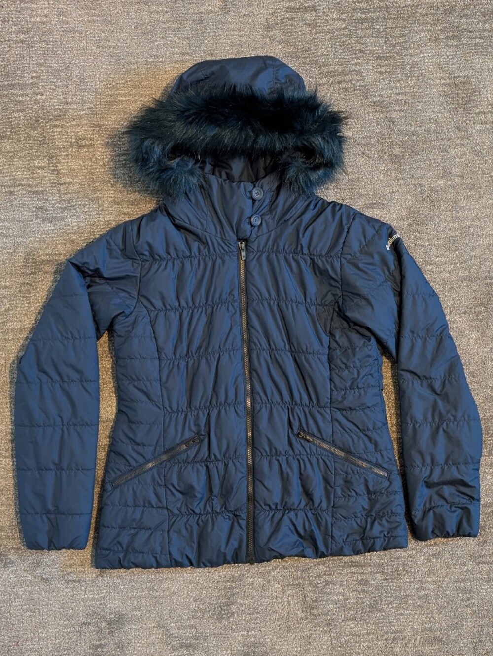 Columbia Navy Thermal Coil Quilted Hooded Puffer Jacket Faux Fur Trim- L